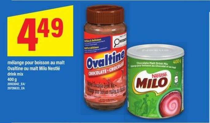 mélange pour boisson au malt Ovaltine ou malt Milo Nestlé drink mix