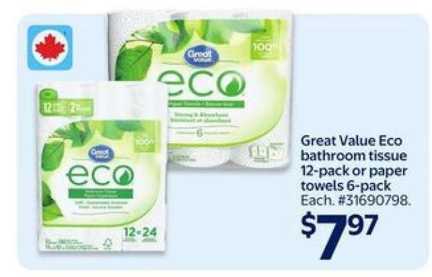 Great Value Eco bathroom tissue or paper towels