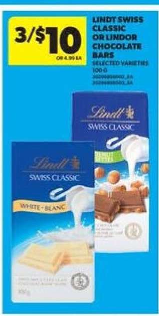 Lindt Swiss Classic or Lindor Chocolate Bars