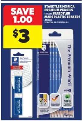 STAEDTLER NORICA PREMIUM PENCILS 12'S or STAEDTLER MARS PLASTIC ERASERS 2 PACK