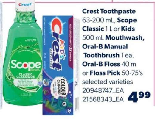 Crest Toothpaste, Scope Classic, Kids Mouthwash, Oral-B Manual Toothbrush, Oral-B Floss, Floss Pick