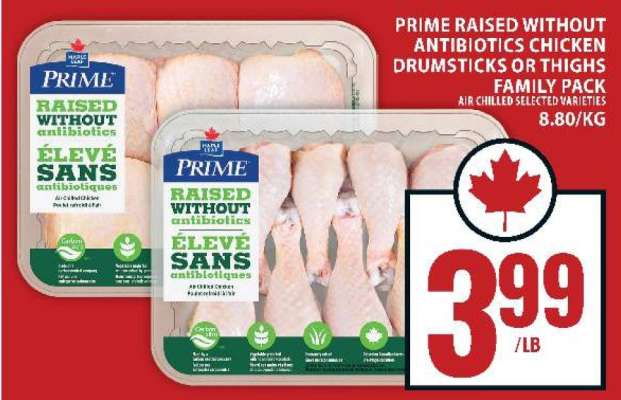 Prime Raised Without Antibiotics Chicken Drumsticks or Thighs
