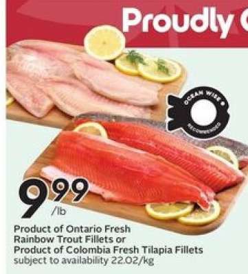 Ontario Fresh Rainbow Trout Fillets or Colombia Fresh Tilapia Fillets