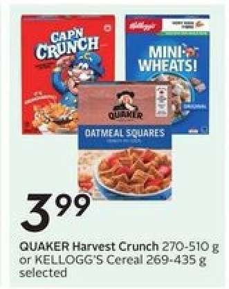 QUAKER Harvest Crunch or KELLOGG'S Cereal