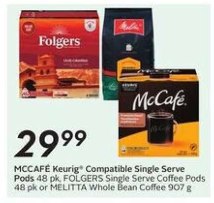 MCCAFÉ Keurig® Compatible Single Serve Pods 48 pk, FOLGERS Single Serve Coffee Pods 48 pk or MELITTA Whole Bean Coffee 907 g