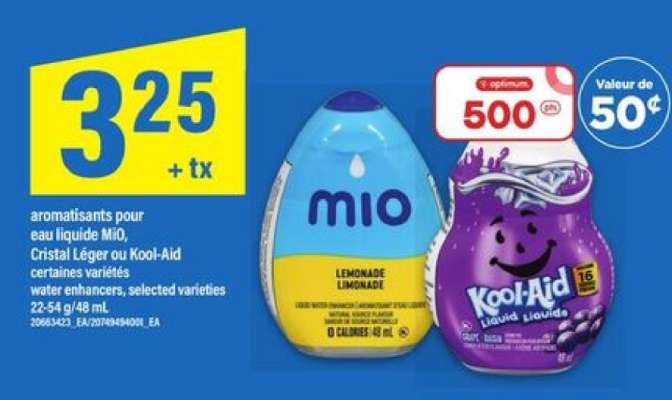 aromatisants pour eau liquide MiO, Cristal Léger ou Kool-Aid