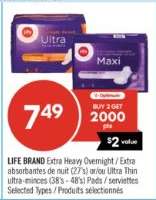LIFE BRAND Extra Heavy Overnight / Extra absorbantes de nuit (27's) or Ultra Thin ultra-minces (38's - 48's) Pads / serviettes