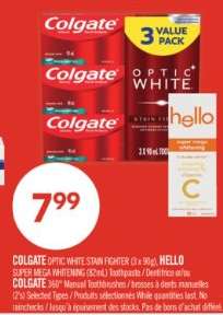 COLGATE OPTIC WHITE STAIN FIGHTER (3 x 90g), HELLO SUPER MEGA WHITENING (82mL) Toothpaste / Dentifrice ou COLGATE 360° Manual Toothbrushes
