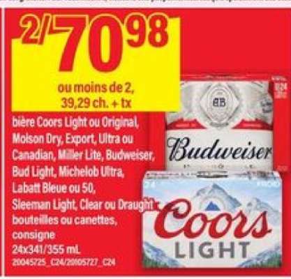 bière Coors Light ou Original, Molson Dry, Export, Ultra ou Canadian, Miller Lite, Budweiser, Bud Light, Michelob Ultra, Labatt Bleue ou 50, Sleeman Light, Clear ou Draught bouteilles ou canettes, consigne