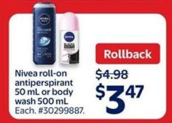 Nivea roll-on antiperspirant 50 mL or body wash 500 mL