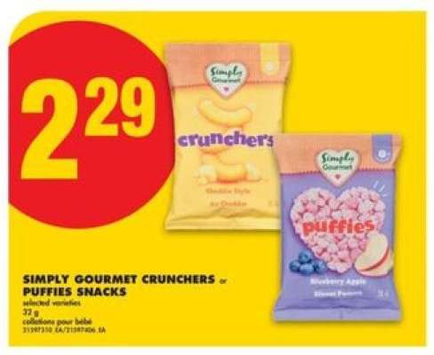 SIMPLY GOURMET CRUNCHERS OR PUFFIES SNACKS