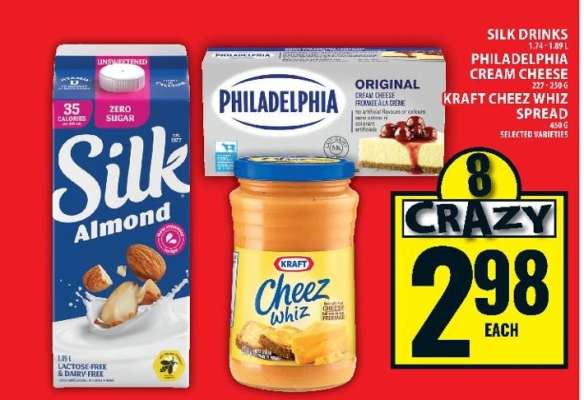 Silk Drinks, Philadelphia Cream Cheese, Kraft Cheez Whiz Spread