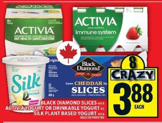 Black Diamond Slices, Activia Yogurt or Drinkable Yogurt, Silk Plant Based Yogurt