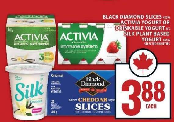 Black Diamond Slices, Activia Yogurt, Silk Plant Based Yogurt