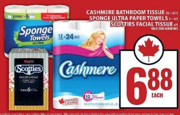 Cashmere Bathroom Tissue, Sponge Ultra Paper Towels, Scotties Facial Tissue