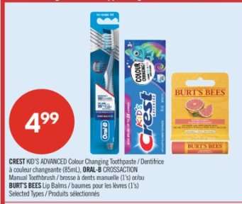CREST KID'S ADVANCED Colour Changing Toothpaste / ORAL-B CROSSACTION Manual Toothbrush / BURT'S BEES Lip Balms