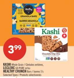KASHI Whole Grain / Céréales entières, LECLERC GO PURE or/ou HEALTHY CRUNCH Bars / barres 5's