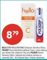 HELLO SUPER MEGA WHITENING Toothpaste / Dentifrice (82mL), POLIGRIP Strong Hold Denture Adhesive Cream
