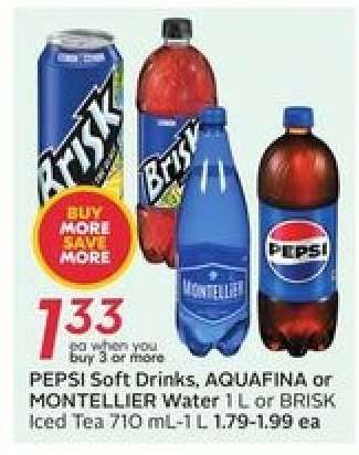 PEPSI Soft Drinks, AQUAFINA or MONTELLIER Water 1L or BRISK Iced Tea 710 mL-1L