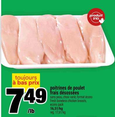 Poitrines de poulet frais désossées