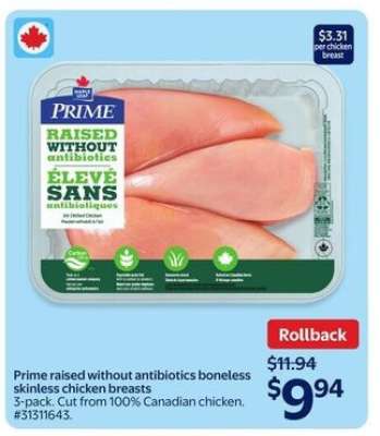 Prime Raised without Antibiotics Boneless Skinless Chicken Breasts