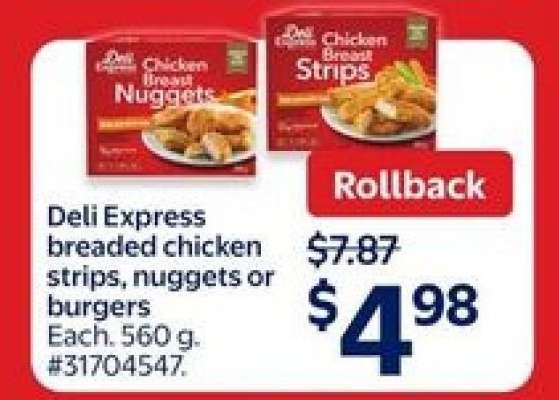 Deli Express Breaded Chicken Strips, Nuggets or Burgers