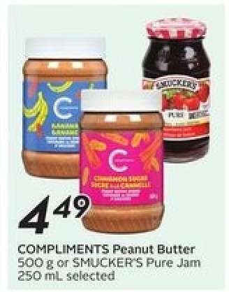 COMPLIMENTS Peanut Butter or SMUCKER'S Pure Jam