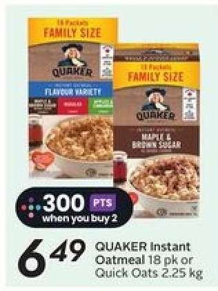 QUAKER Instant Oatmeal 18 pk or Quick Oats 2.25 kg