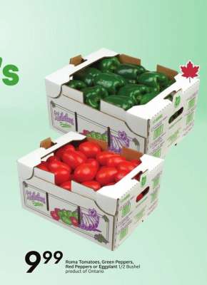 Roma Tomatoes, Green Peppers, Red Peppers or Eggplant