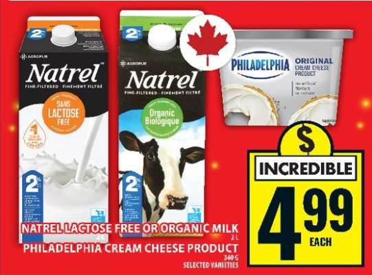 Natrel Lactose Free or Organic Milk / Philadelphia Cream Cheese Product