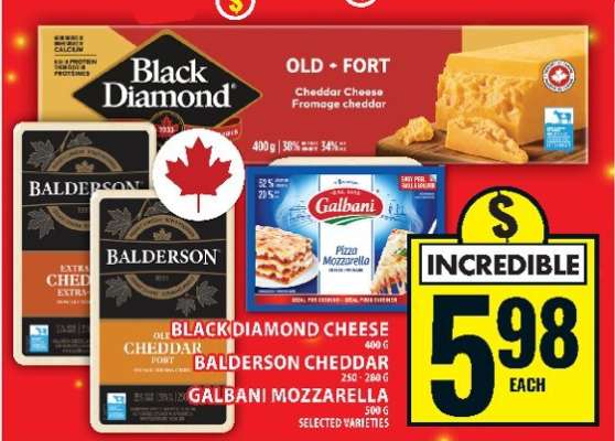 Black Diamond Cheese, Balderson Cheddar, Galbani Mozzarella