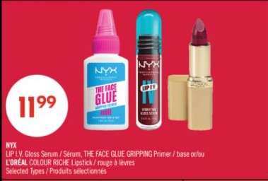 NYX LIP L.V. Gloss Serum / Sérum, THE FACE GLUE GRIPPING Primer / base or/ou L'ORÉAL COLOUR RICHE Lipstick / rouge à lèvres