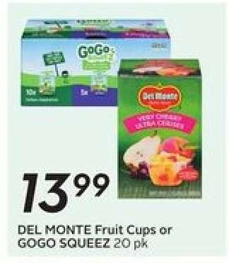 DEL MONTE Fruit Cups or GOGO SQUEEZ 20 pk