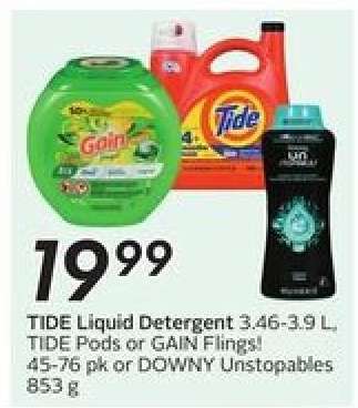 TIDE Liquid Detergent 3.46-3.9 L, TIDE Pods or GAIN Flings