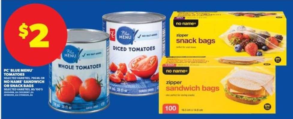 PC Blue Menu Tomatoes or No Name Sandwich or Snack Bags