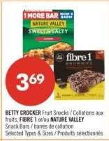 BETTY CROCKER Fruit Snacks / Collations aux fruits, FIBRE 1 or/ou NATURE VALLEY Snack Bars / barres de collation