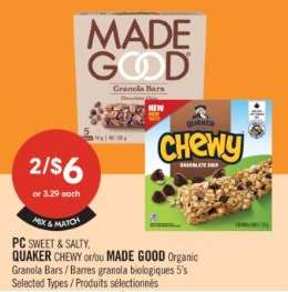 PC Sweet & Salty, Quaker Chewy or Made Good Organic Granola Bars