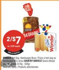 WONDER Hot Dog, Hamburger Buns / COUNTRY HARVEST Grains Bread