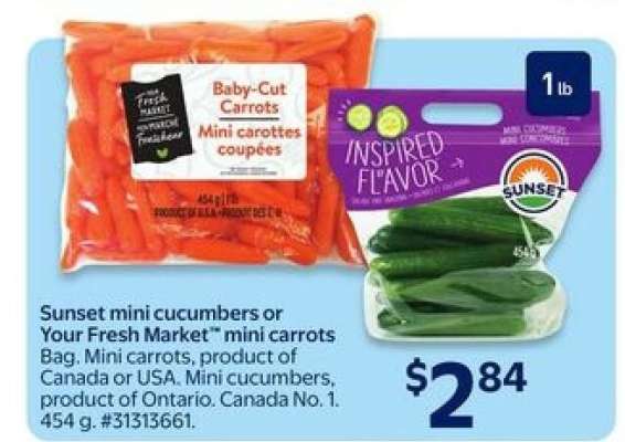 Sunset mini cucumbers or Your Fresh Market mini carrots