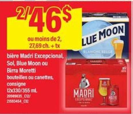 bière Madri Excepcional, Sol, Blue Moon ou Birra Moretti