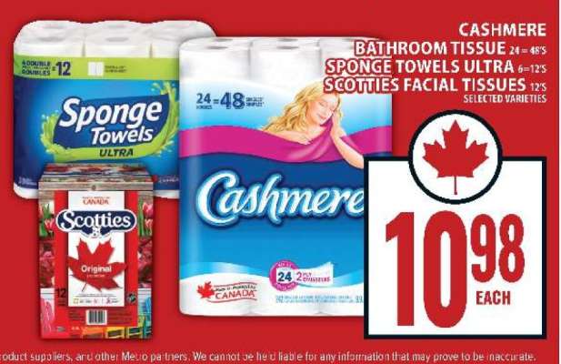 Cashmere Bathroom Tissue, Sponge Towels Ultra, Scotties Facial Tissues