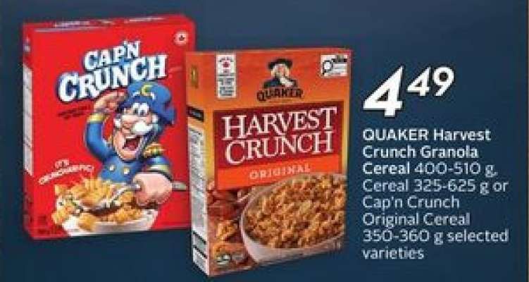 QUAKER Harvest Crunch Granola Cereal or Cap'n Crunch Original Cereal