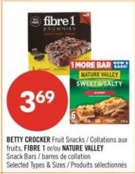 BETTY CROCKER Fruit Snacks / Collations aux fruits, FIBRE 1 or/ou NATURE VALLEY Snack Bars / barres de collation