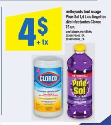 Pine-Sol 1,4 L ou lingettes désinfectantes Clorox 75 un.
