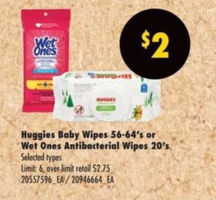 Huggies Baby Wipes 56-64's or Wet Ones Antibacterial Wipes 20's
