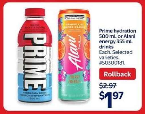 Prime hydration 500 mL or Alani energy 355 mL drinks
