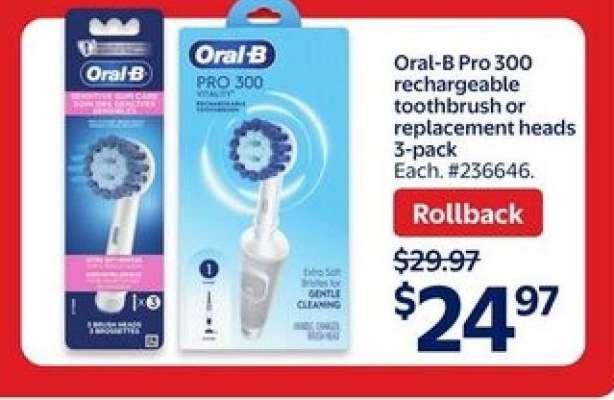 Oral-B Pro 300 rechargeable toothbrush or replacement heads 3-pack