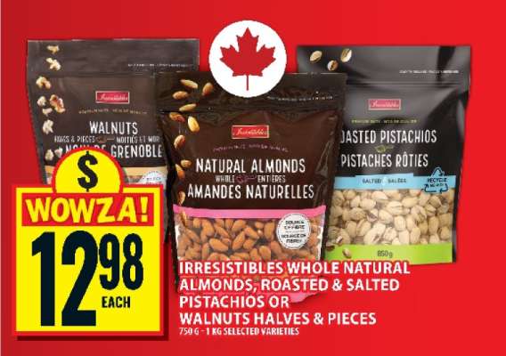 Irresistibles Whole Natural Almonds, Roasted & Salted Pistachios or Walnuts Halves & Pieces