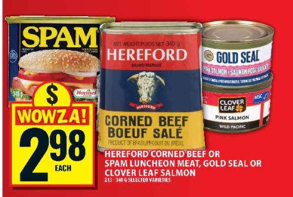 Hereford Corned Beef or Spam Luncheon Meat, Gold Seal or Clover Leaf Salmon