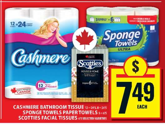 Cashmere Bathroom Tissue, Sponge Towels Paper Towels, Scotties Facial Tissues